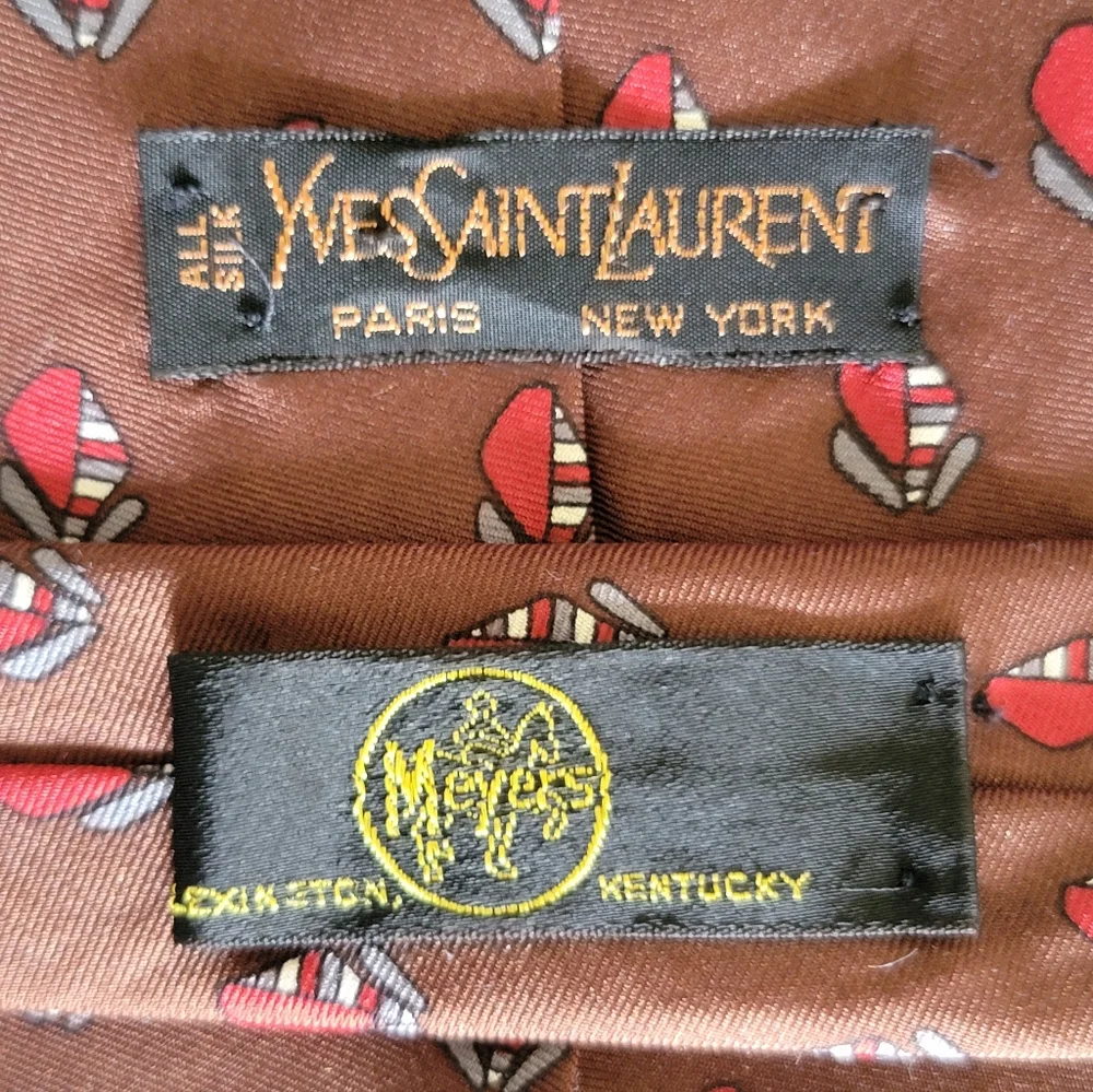 Vintage Yves Saint Laurent Brown Silk Scarf w/ Red and Gray Leaf Print LIKE NEW - Picture 3 of 6